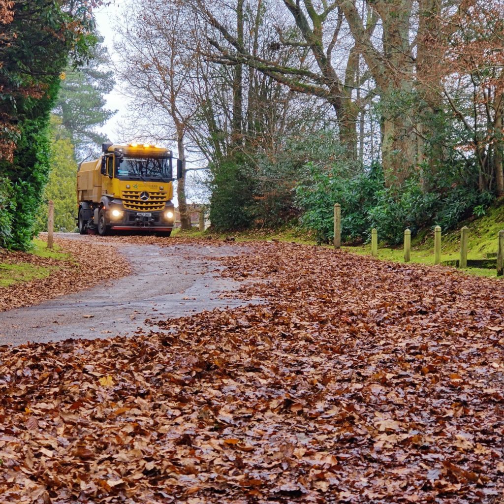 Road Sweeper Cleaning Leafy Road