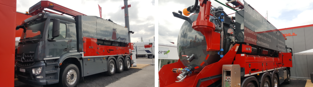 The eight wheeler combination suction pressure vehicle with integrated water recycling capability that was on display at the KROLL Fahrzeugbau- Umwelttechnik GmbH exhibition stand throughout the iFAT 2018. 