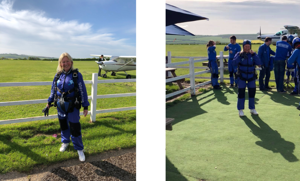 Debbie in her skydiving jumpsuit ready to board the plane. Here’s Debbie putting on the finishing touches before taking flight.